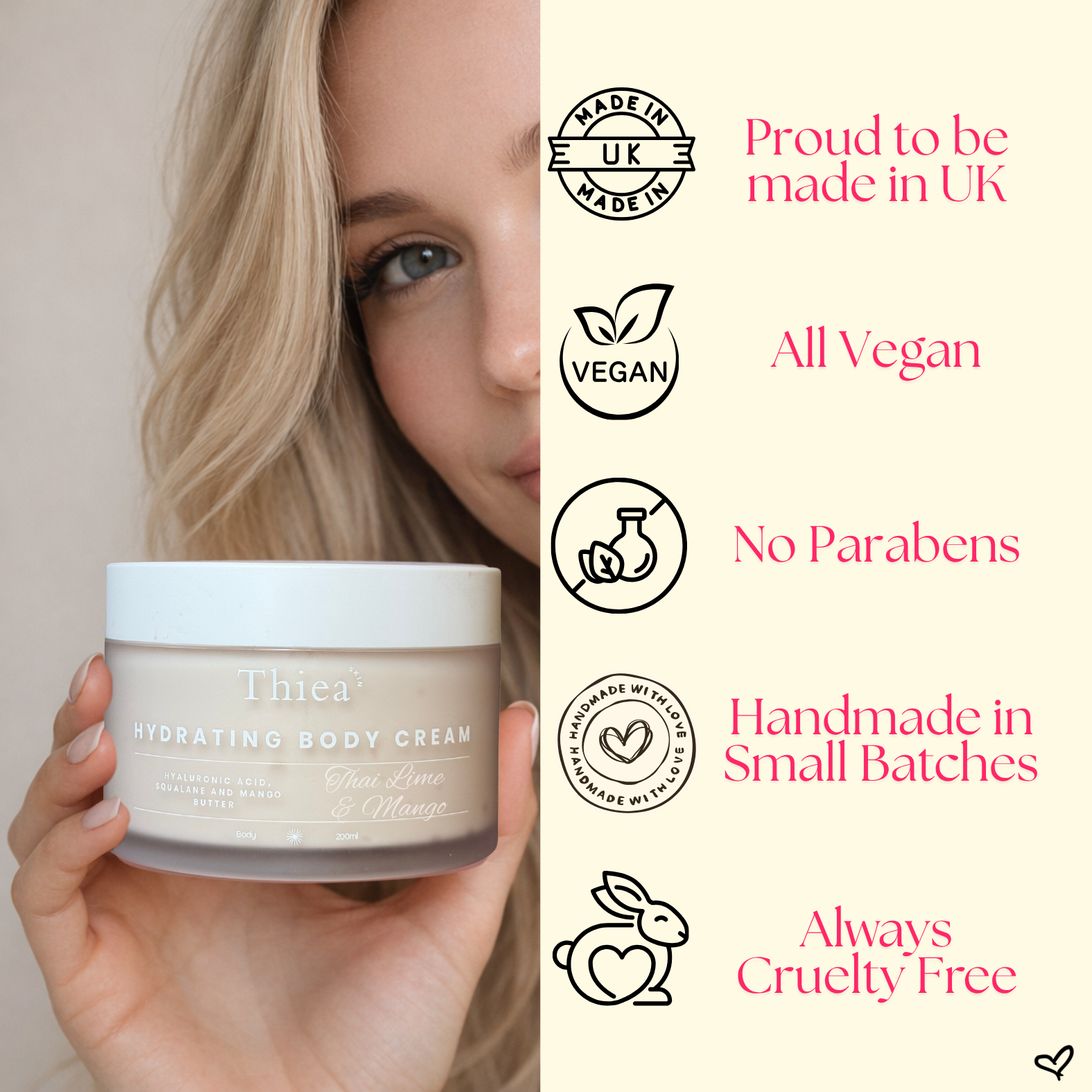 Person holding a Thiea body cream jar with product features on the right