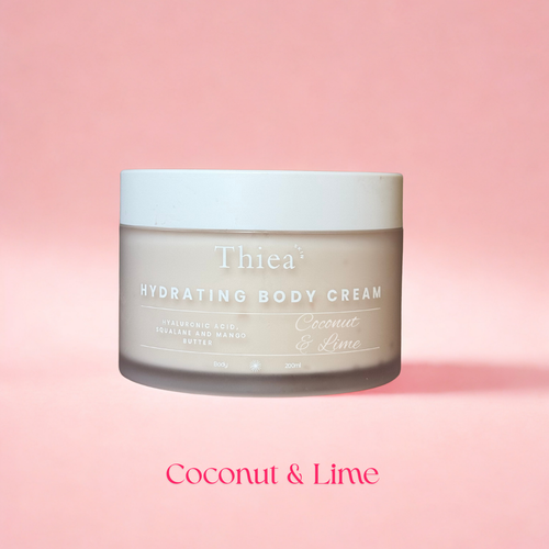 Jar of Thiea Hydrating Body Cream with coconut and lime scent on a pink background