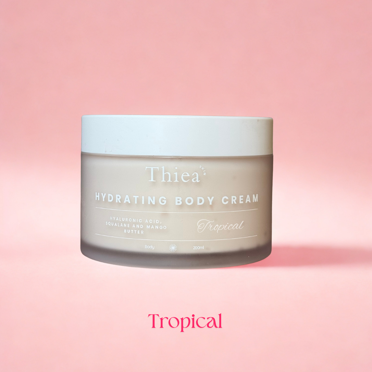 Thiea Hydrating Body Cream jar on a pink background