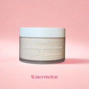 Thiea Hydrating Body Cream jar with 'Watermelon' flavor on a pink background